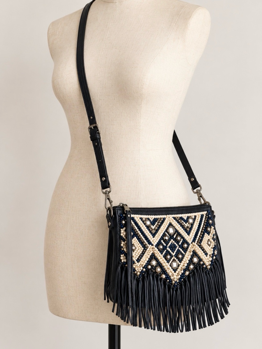 Rebecca Minkoff Taj Beaded Fringe Crossbody Bag Black Navy White Boho